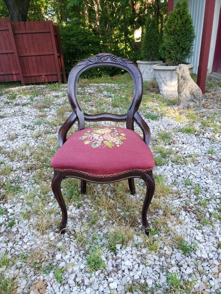 Antique balloon back parlor chair needle point seat