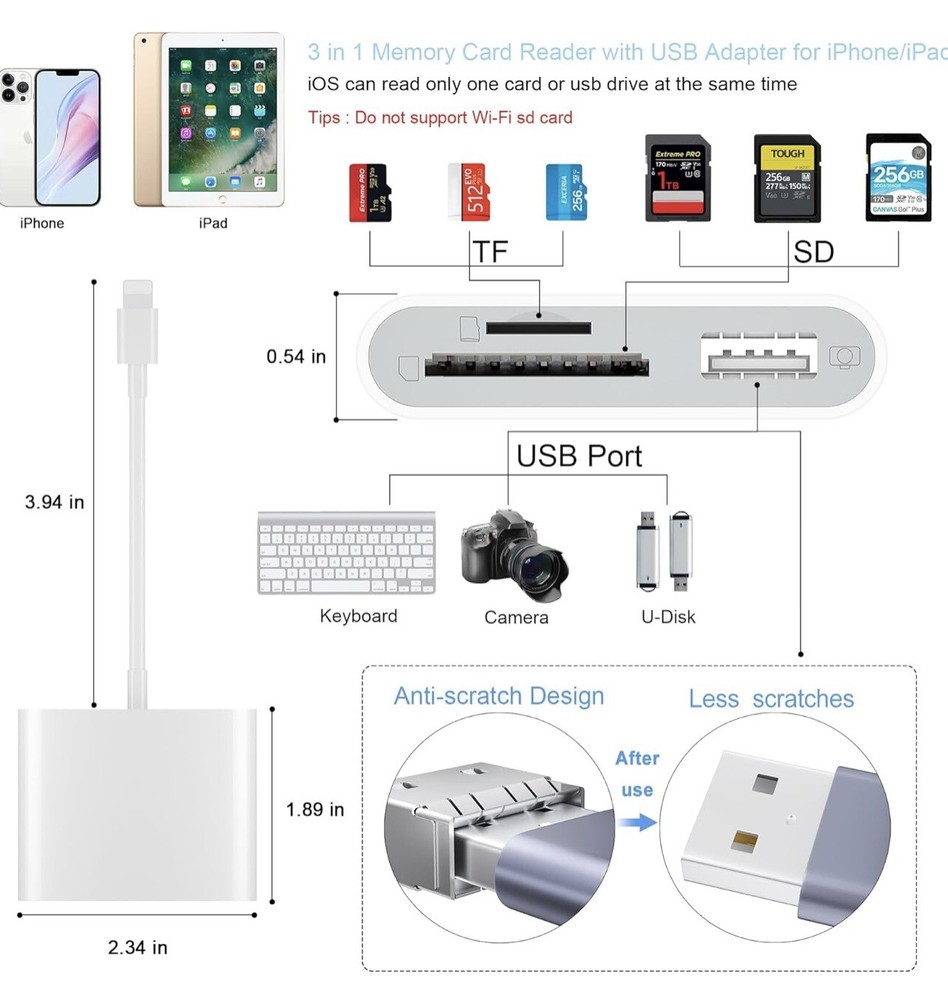 3 in 1 Card Camera Reader and USB Camera Adapter - A0050