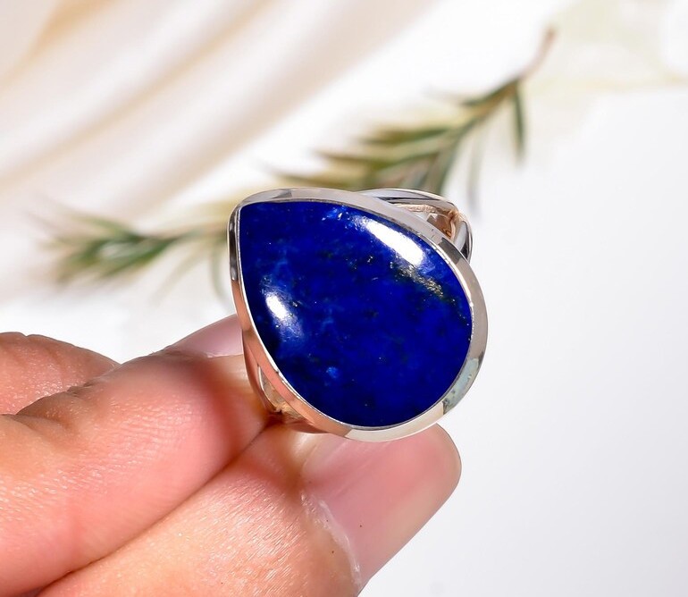 Solid 925 Sterling Silver Natural Lapis Lazuli Deep Blue Teardrop Gemstone Ring
