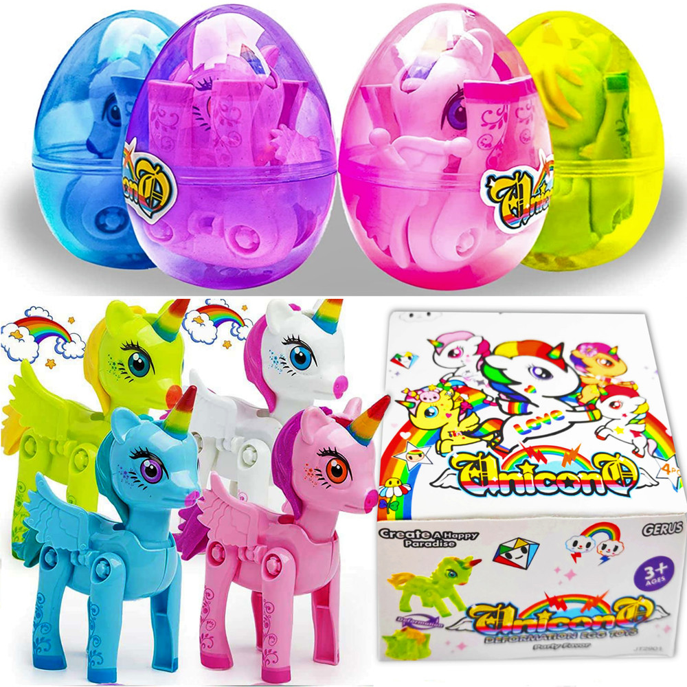 Easter Eggs with Toys Prefilled 4 3/8" Plastic Easter Eggs Filled Unicorn 4 Pack