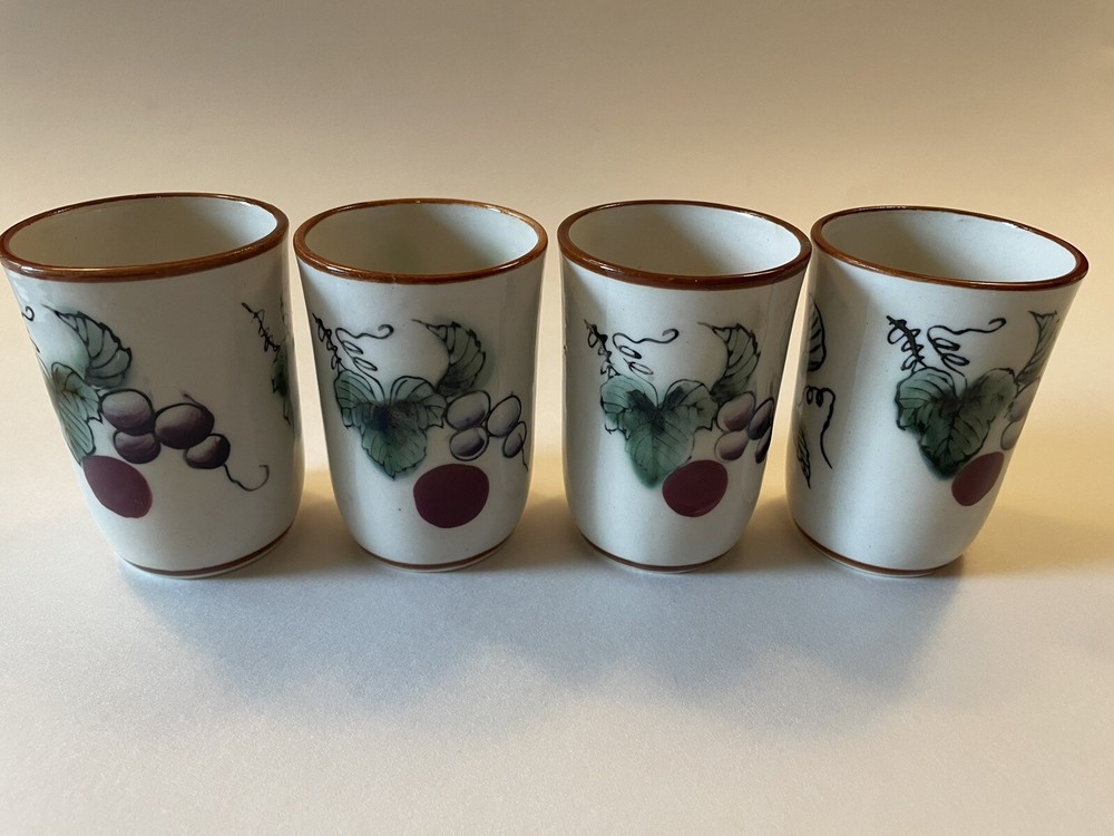 Vtg Ceramic Pitcher & Cups | Hand Painted Grape Design Jug Glasses