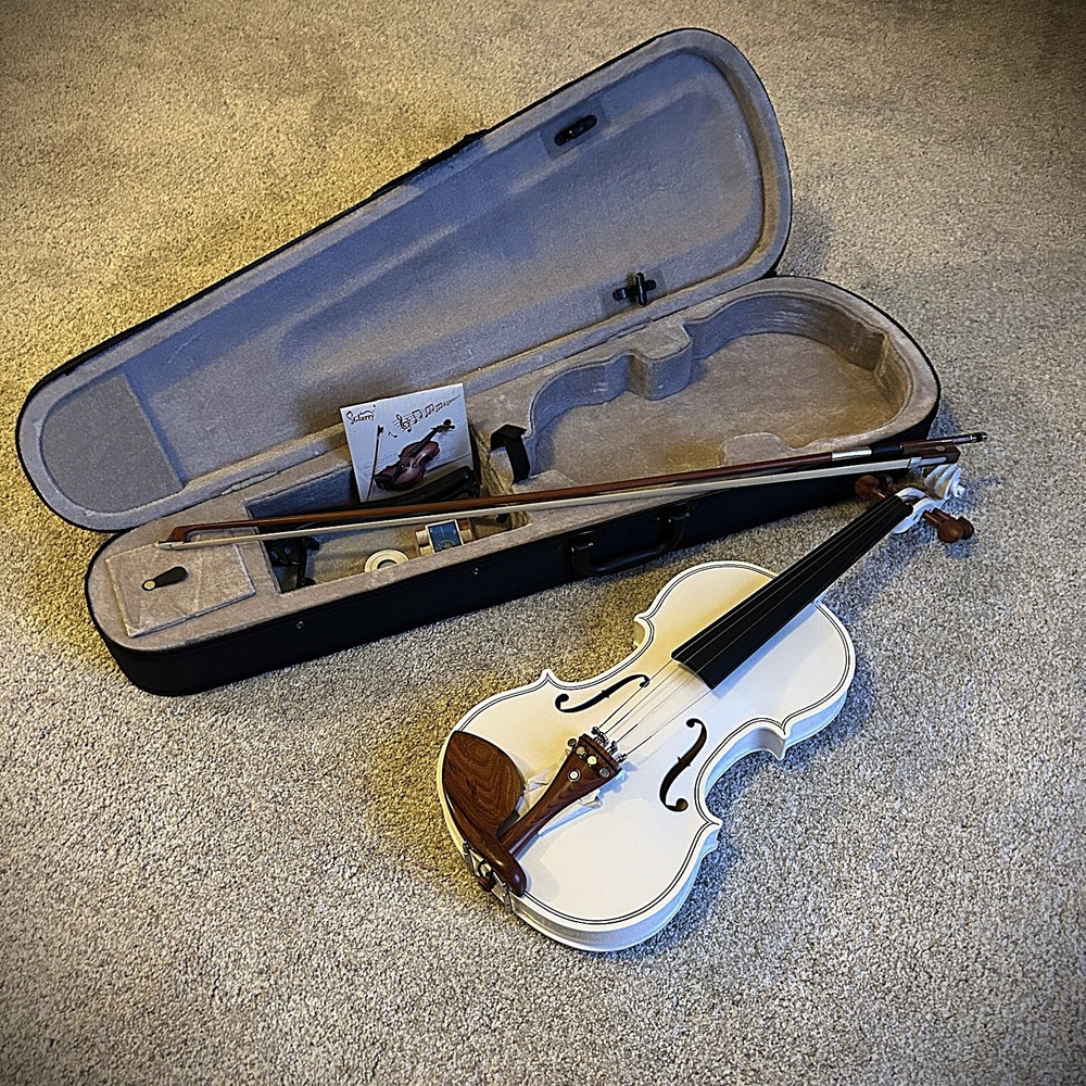 White Full-Size 4/4 Solid Wood Violin Package with Case, Bow, Rosin, and More