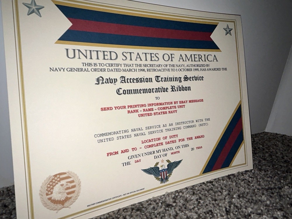 NAVY ACCESSION TRAINING SERVICE COMMEMORATIVE CERTIFICATE ~ W/PRINTING TYPE-1