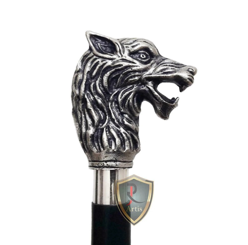 Nautical Solid Dragon Wolf Head Design Handle Wooden Style Walking Stick Cane