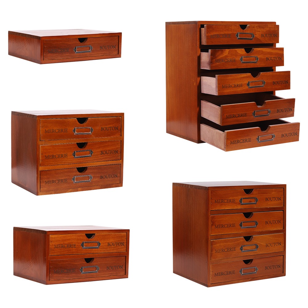 5 PCS Wooden Desktop Organizers Retro Rectangular Storage Drawers For Tabletop