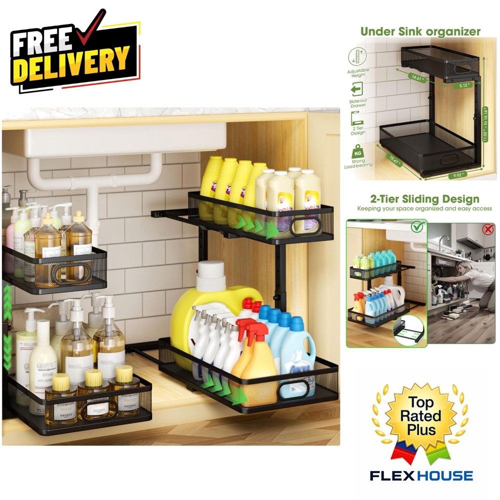 Rust-Resistant Under Sink Storage Racks: Metal 2-Tier Pull-Out Shelves - 2-Pack
