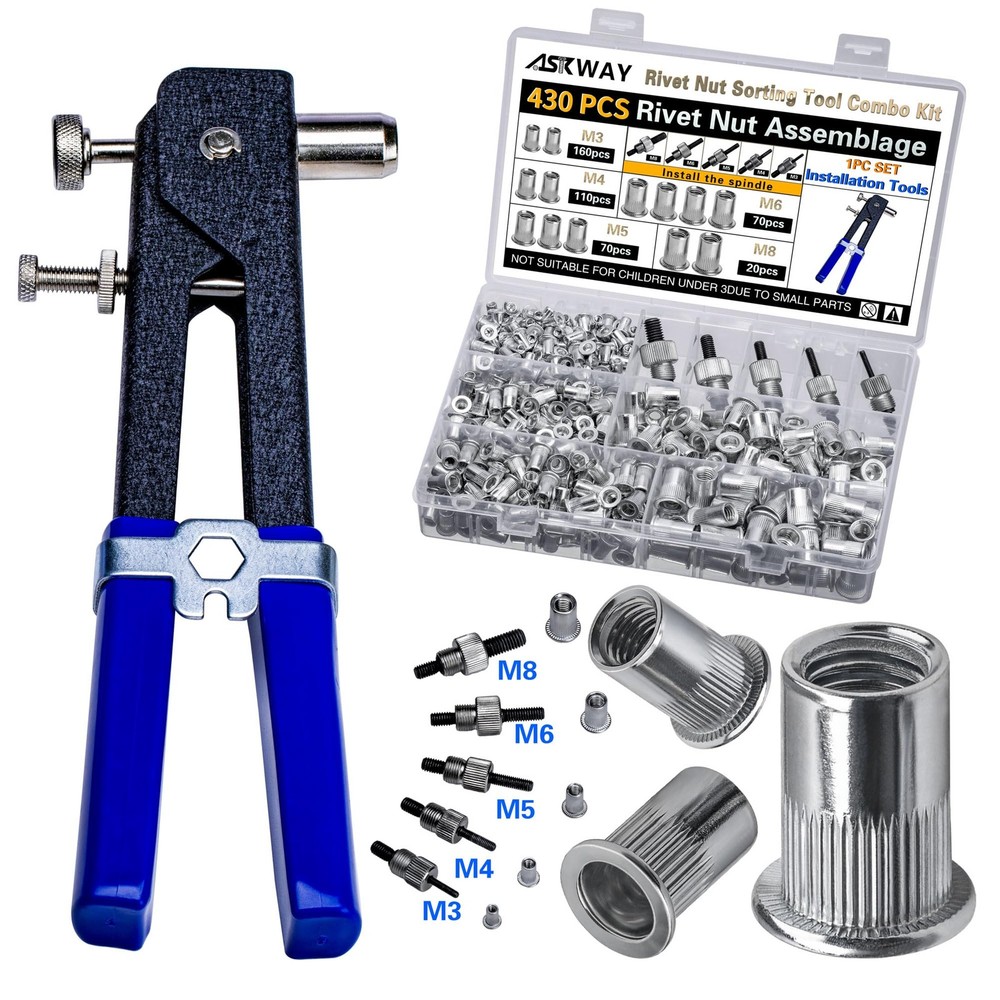Pressure Rivet Nut Tool Kit, 430Pcs Metric M8/M6/M5/M4/M3, Variable Length