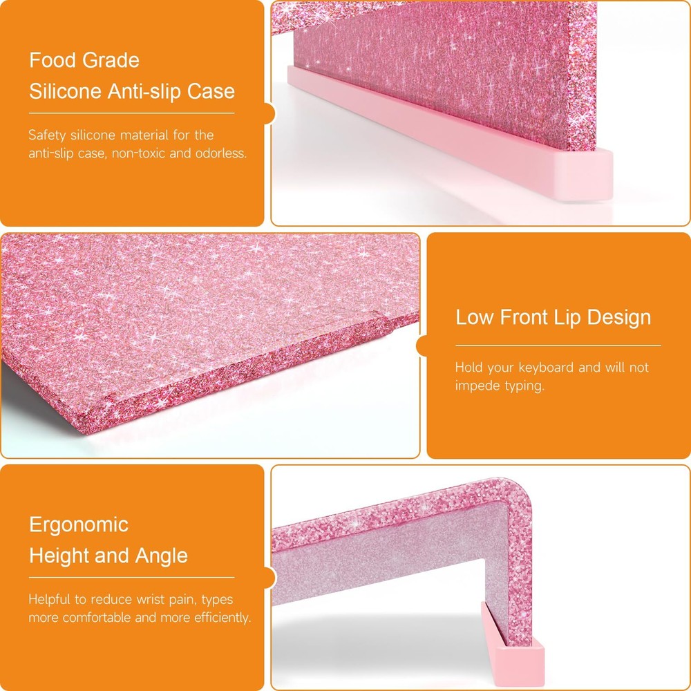 Ergonomic Computer Keyboard Stand - Glitter Pink Acrylic Keyboard Riser Tilte...