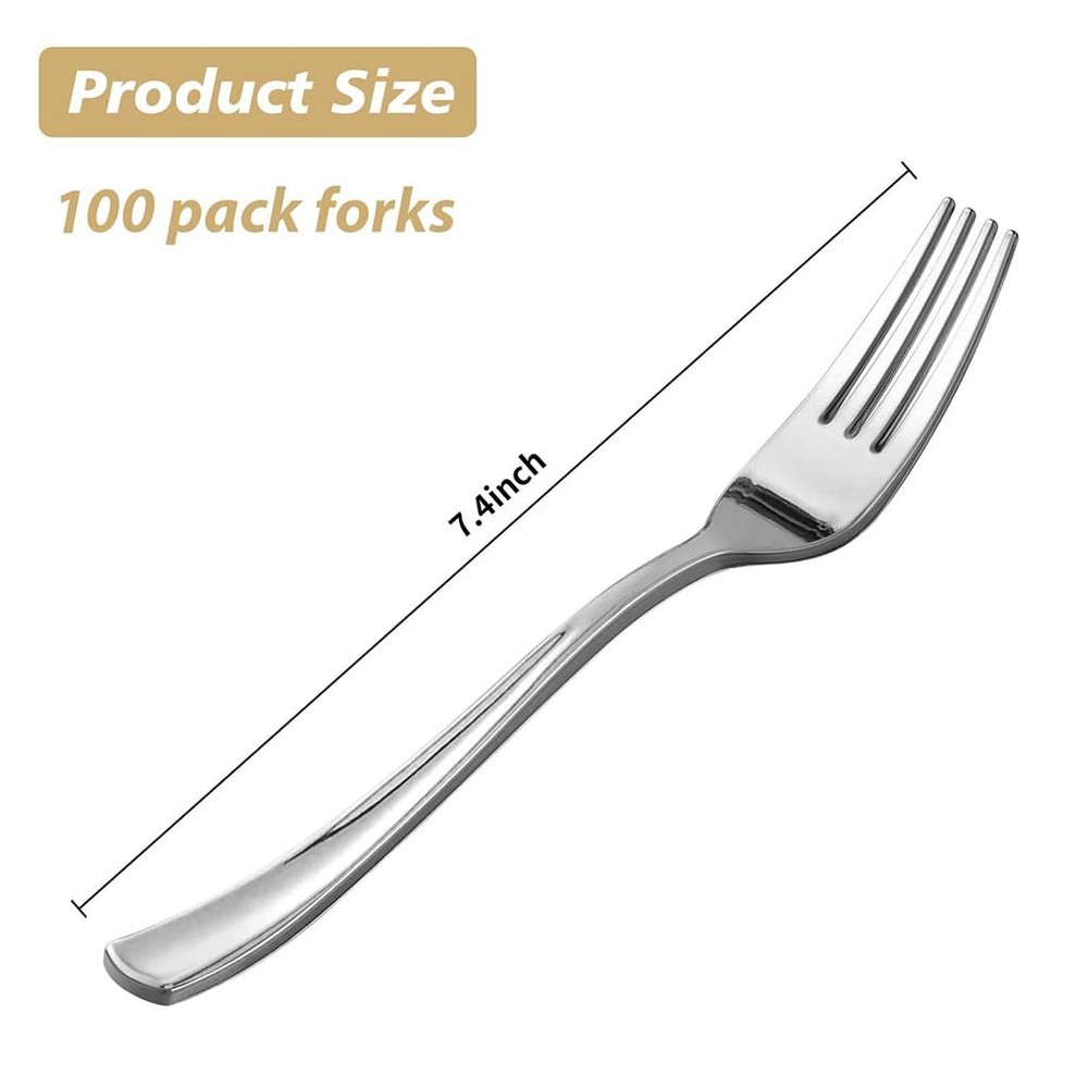 100 Pack Silver Plastic Forks, Heavy Duty Forks Disposable, Silver Plastic Cu...