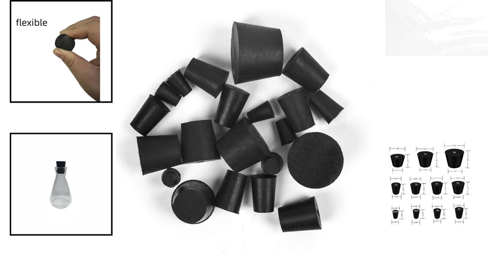 Black Rubber Stopper Collection - 21 Count, 11 Sizes for Laboratories