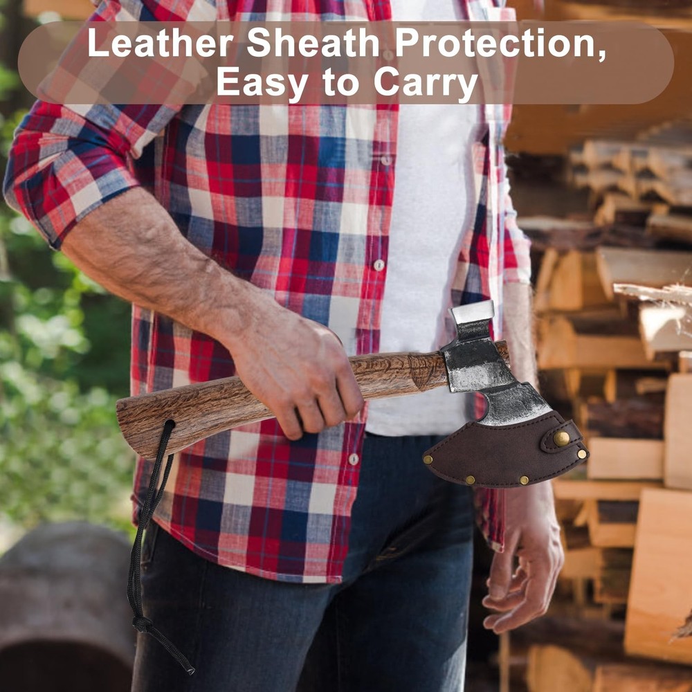 Wood Splitting Axe with Leather Sheath,Camping Hatchet with 10.74" Solid Hand...