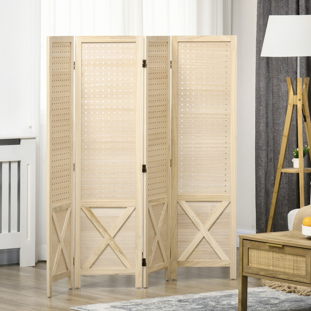 4-Panel Wooden Room Divider Pegboard Display, Folding Privacy Screen Home Office