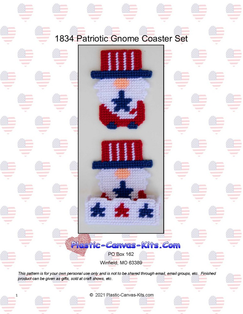 Patriotic Gnome Coaster Set Plastic Canvas Pattern or Kit