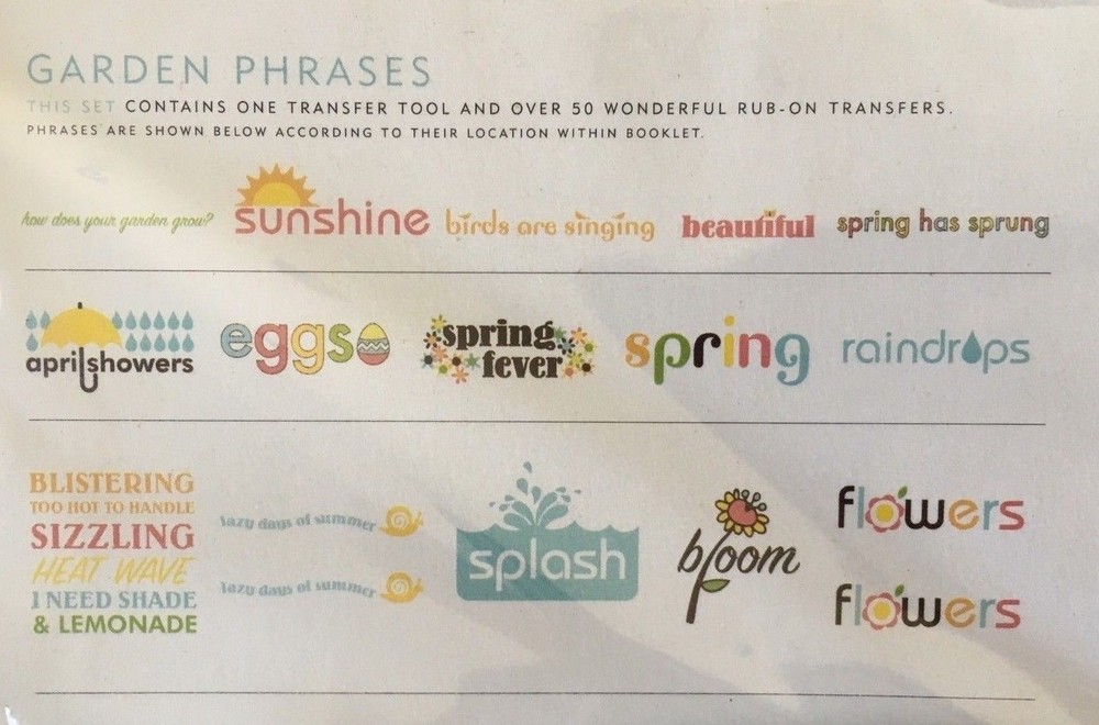 BACKYARD GARDEN PHRASE Rubon Transfer Pack Summer April Showers Spring Easter