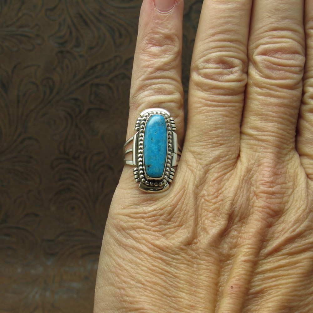 Sterling Silver Rectangular Blue Turquoise Ring by Running Bear Shop Size 7.25+