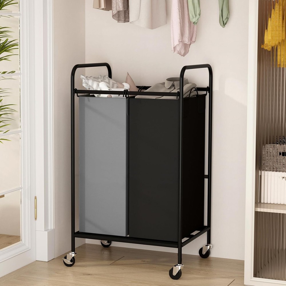 Double Compartment Rolling Laundry Basket w/ Durable Fabric Bags & Smooth Wheels
