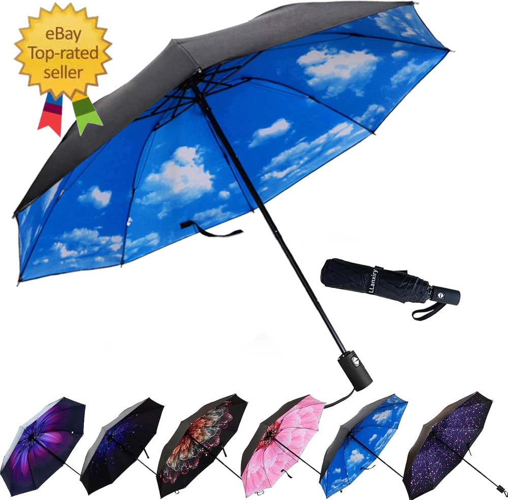 Compact Travel Umbrella, 44" Canopy, Automatic Open/Close Windproof Umbrella