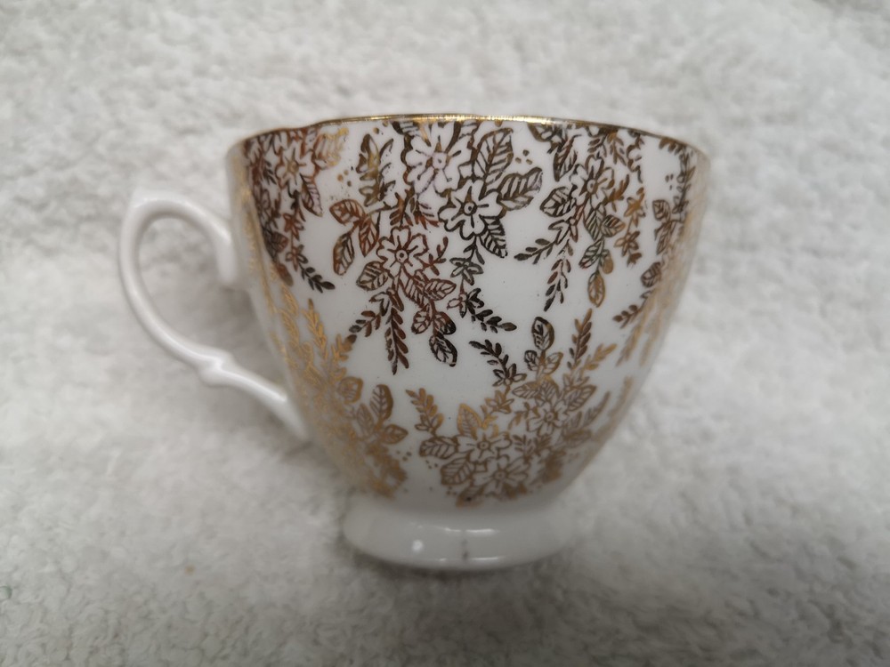 Royal Vale White & Gold filigree Bone China Cup.