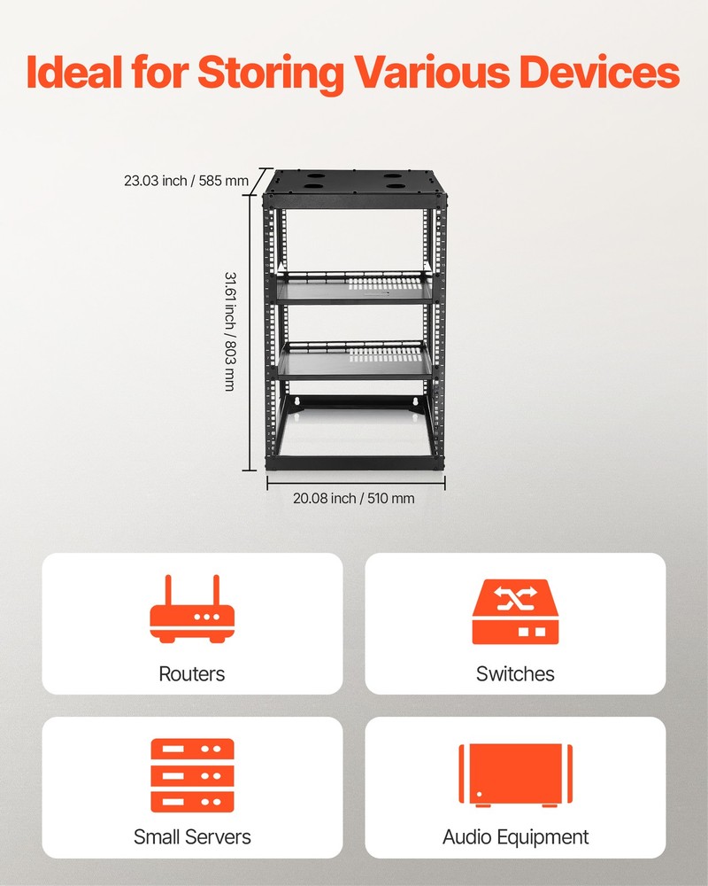 VEVOR 16U Open Frame Network Rack Wall Mounted Server Rack 4 Post with Shelves