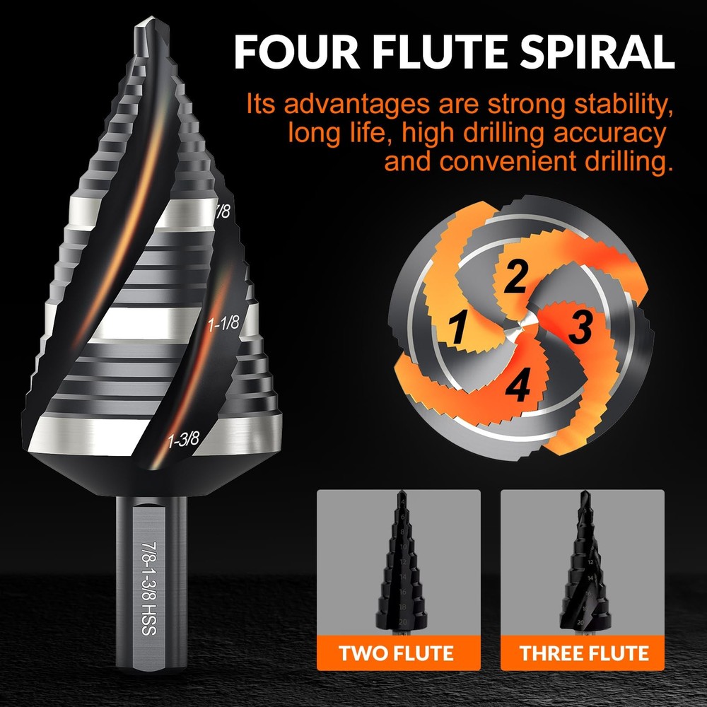 THINKWORK Four Spiral Flute Step Drill Bit, HSS 3/16-1-3/8"