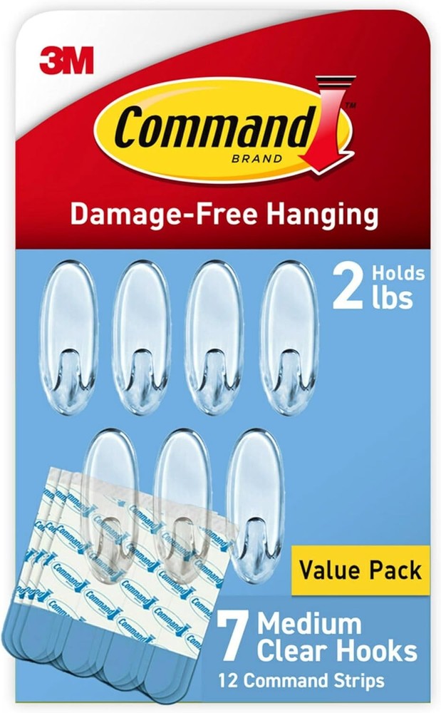 Command Medium Clear Wall Hooks, 7 Hooks and 12 Medium,