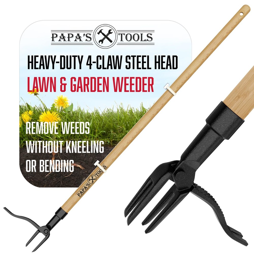 Papa's Tools Weeder  Stand Up Weed Puller Tool Made with Long Wooden Handle  ...