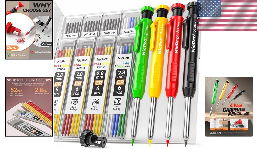 Ergonomic Carpenter Pencil Kit with Sharpener & 52 Multi-Color Leads - 4 Pack