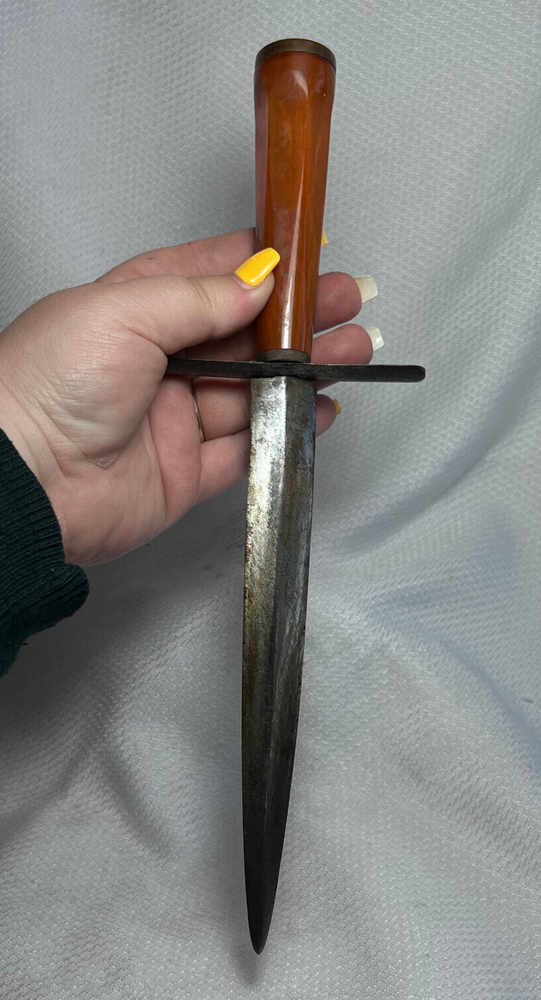 WW1 WW2 Dagger Butterscotch Swirl Bakelite Handle Dbl Edge Single Blade Knife