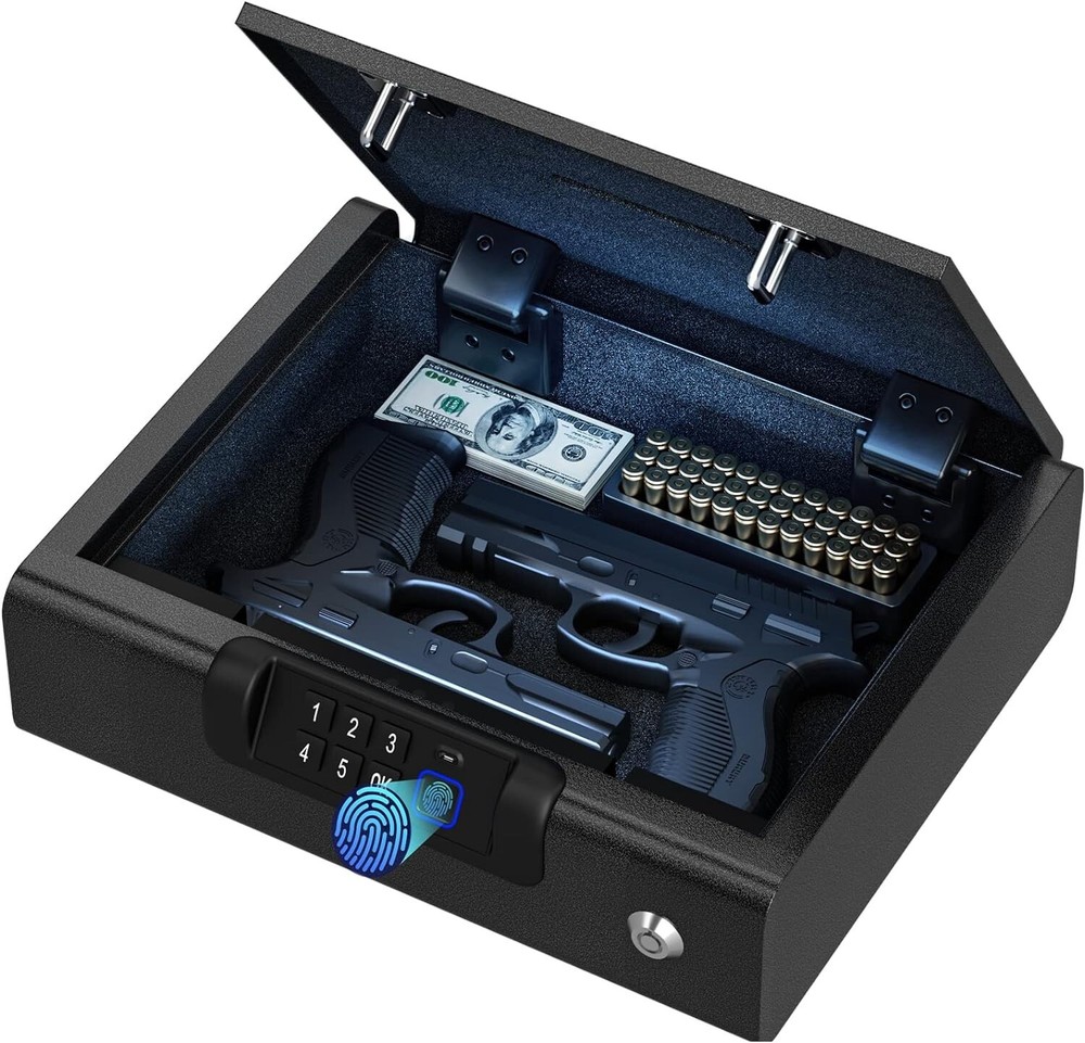 Enhanced Security Biometric Pistol Safe – Key & PIN Unlock with USB Charging
