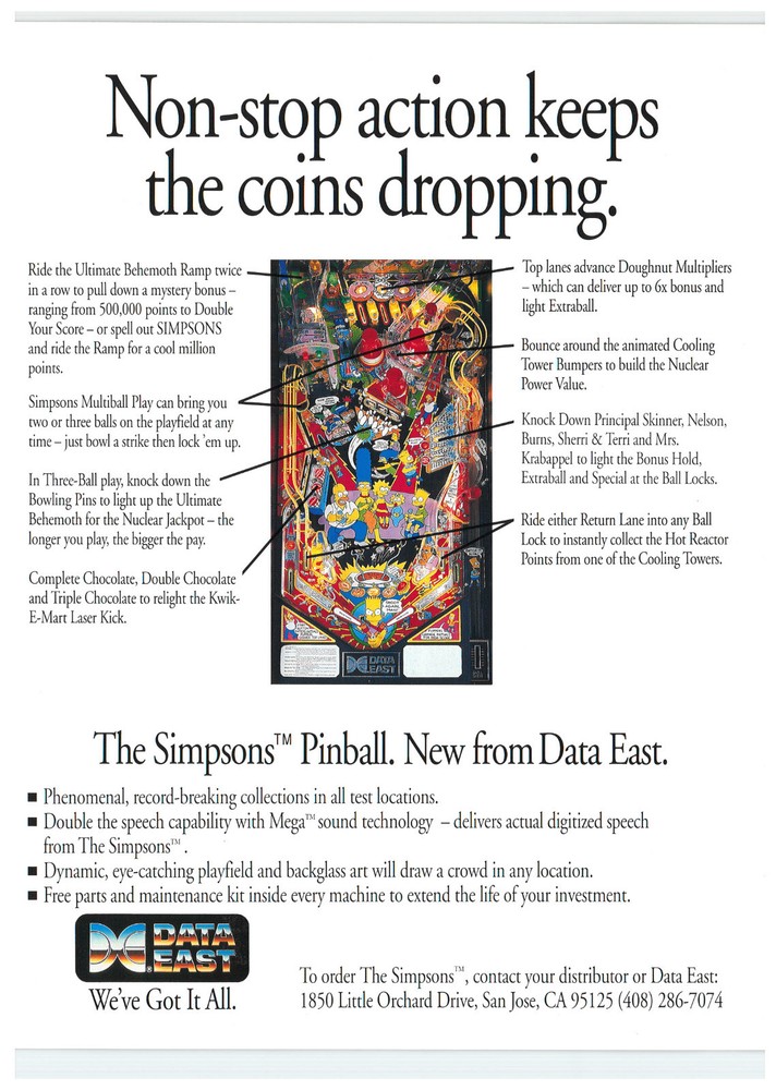 The Simpsons Data East Pinball Flyer / Brochure / Ad / Mint Condition