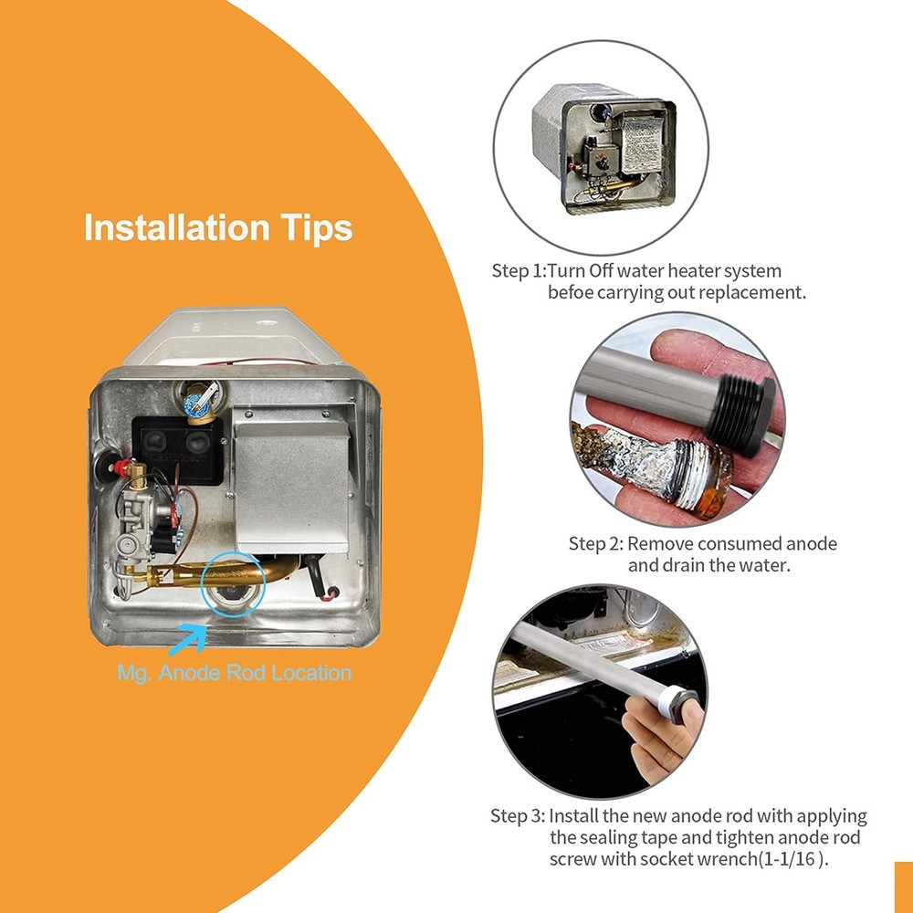 RV Water Heater Anode Rod - 2-Pack, for Hot 0.75"W x 9.25"H, Silver