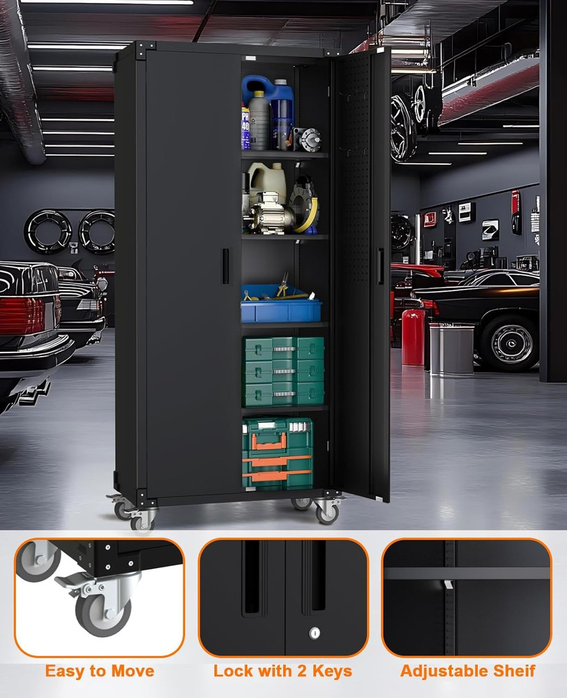 72" Heavy Duty Rolling Storage Cabinet with Lockable Doors & Adjustable Shelves