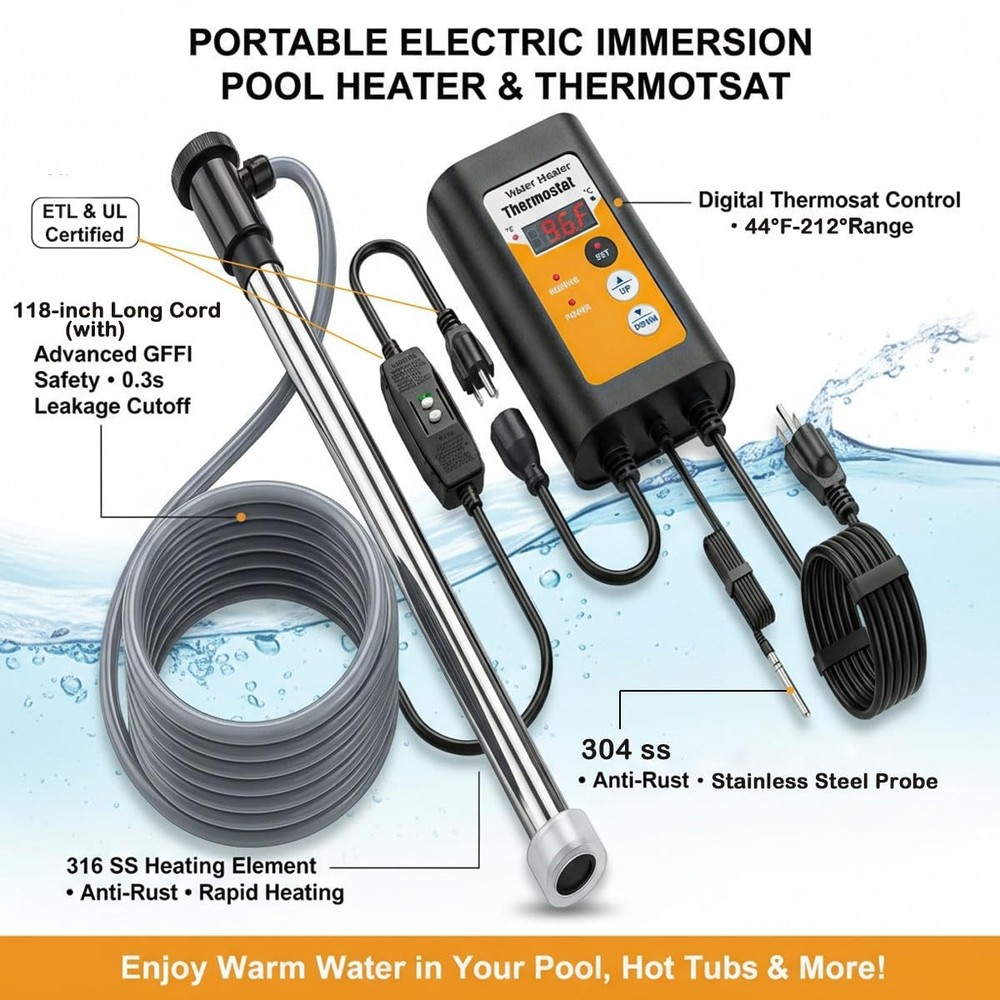 3500w Portable Hot Tub Heater with Thermostat for Bathtub/Ground Pools 240v