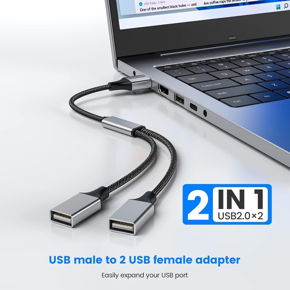 Dual USB 2.0 Y Splitter Cable - Aluminum Adapter for Charging & Data Transfer