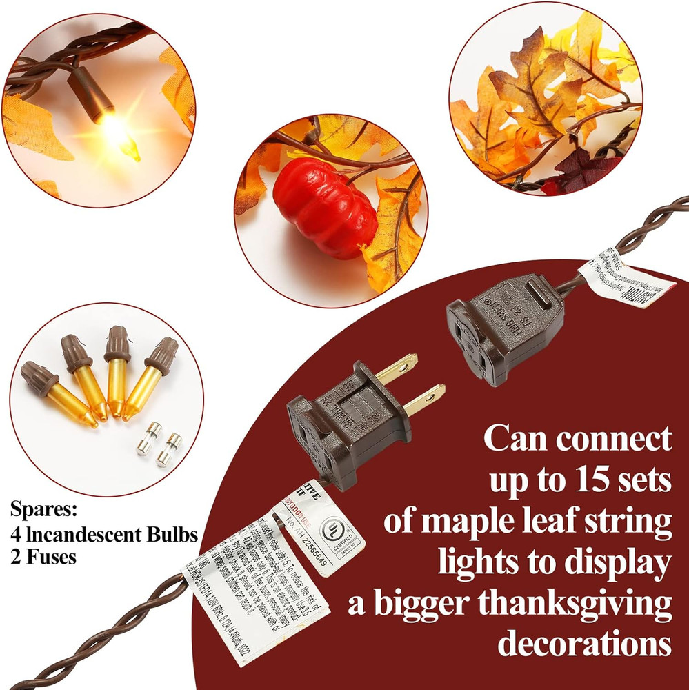 Fall Maple Leaf String Lights Plug in 120V UL 8FT Leaf, Orange