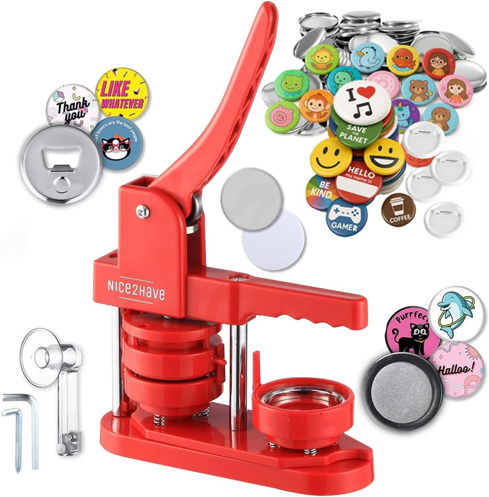 DIY Button Maker Kit - 2.25" Machine with 100 Buttons & Accessories - Red