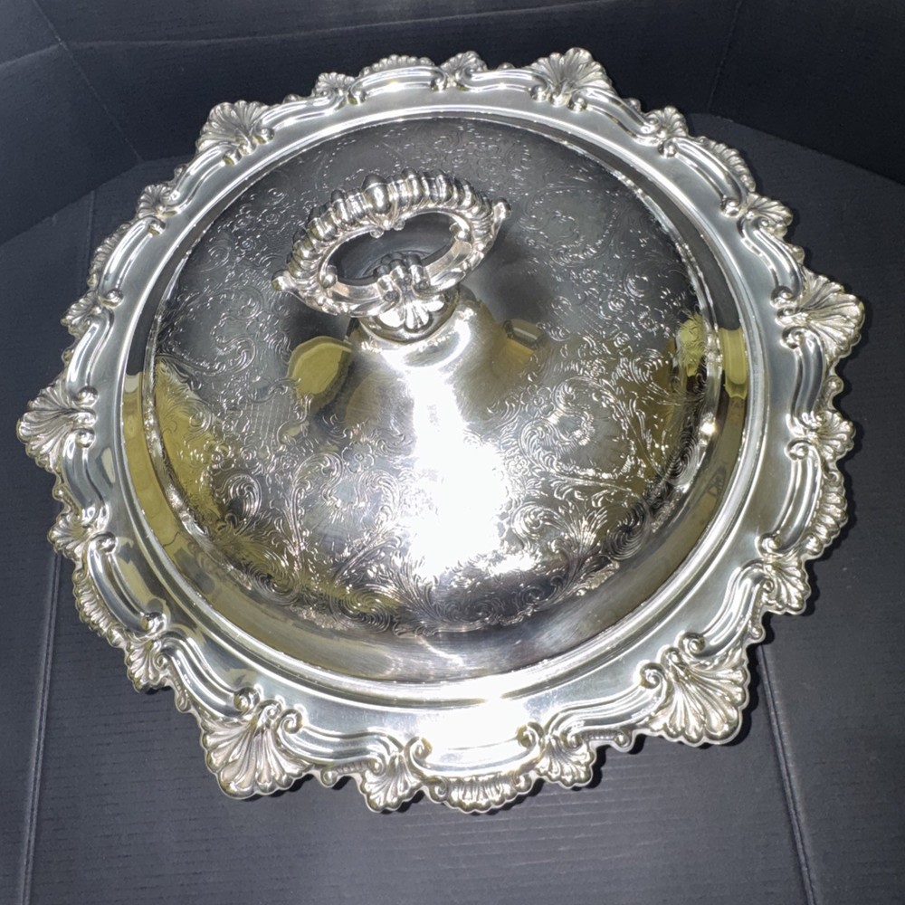 Silver- plated covered,divided dish insert (mid‑century, Rococo style)