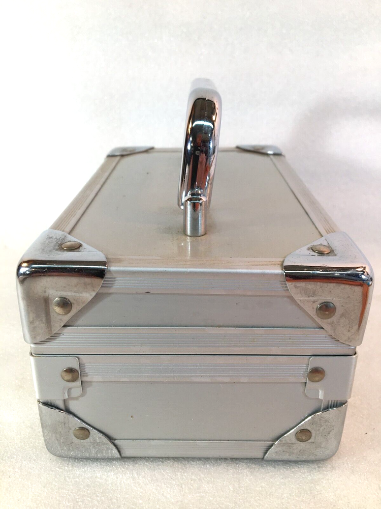 Hinged FAR NINE Travel Make-Up Case w/Handle Silver & Gray Mirror
