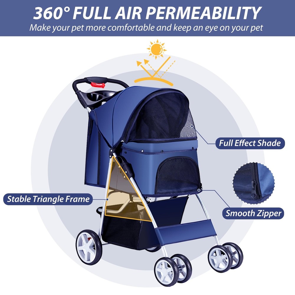 4 Wheels Pet Stroller for Small Medium Dogs Cats 33 lbs, Breathable Foldable ...