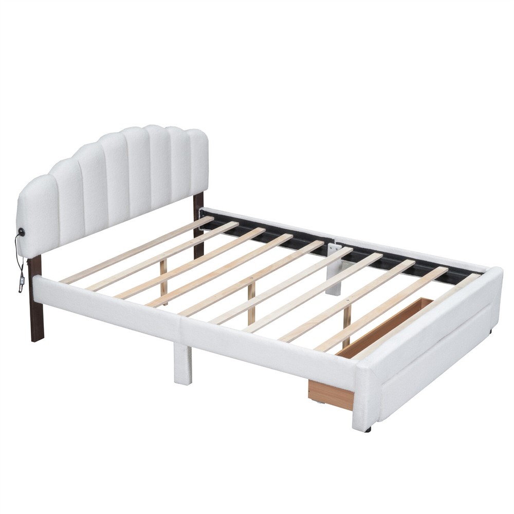 Queen Size Bed Frame Upholstered Platform Bed with Drawers White/Beige/Gray