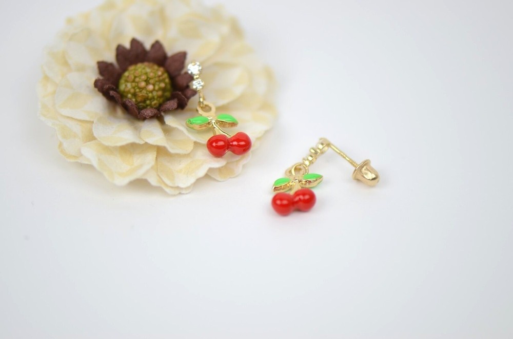 14K Solid Yellow Gold Cherry Enamel CZ Dangle Earrings