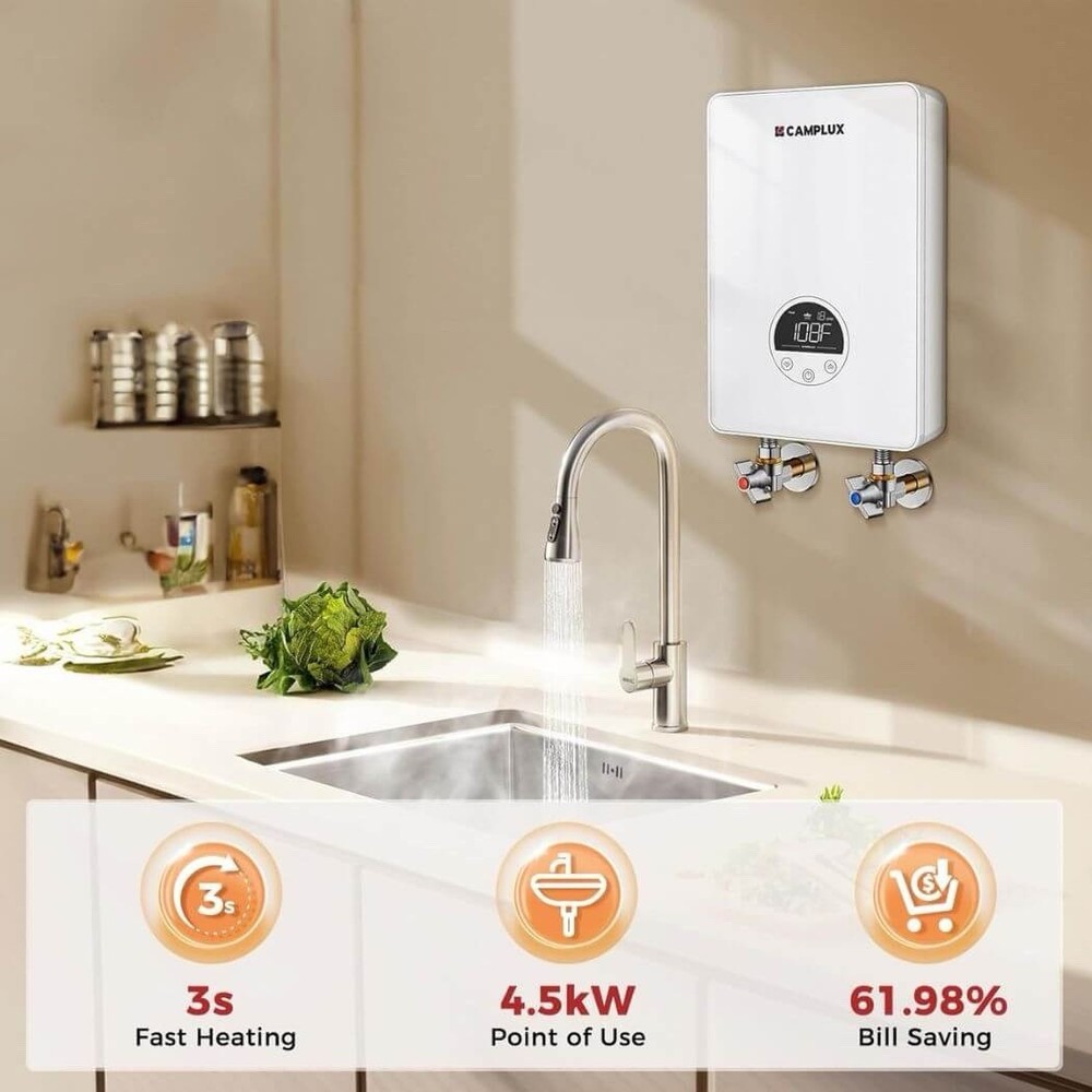 Camplux 4.5Kw Electric Tankless Water Heater Instant Hot Water, Led Display TE05