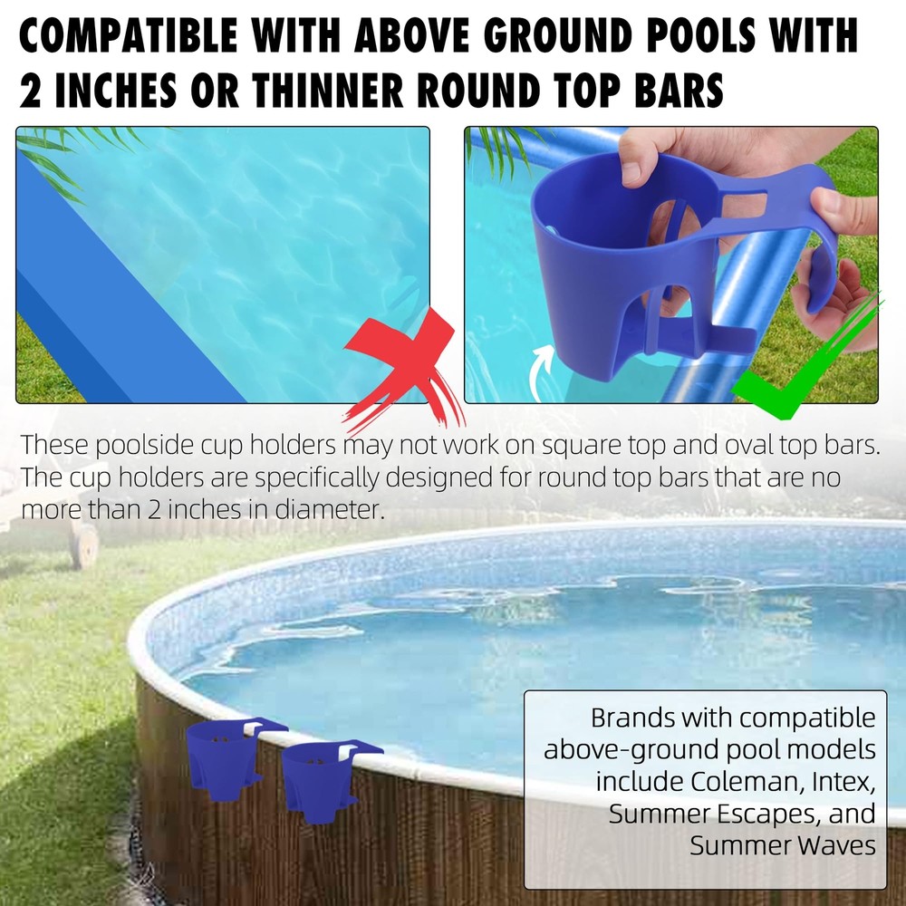 6-Pack Blue Poolside Cup Holders Compatible with Above Ground Pools with 2 In...