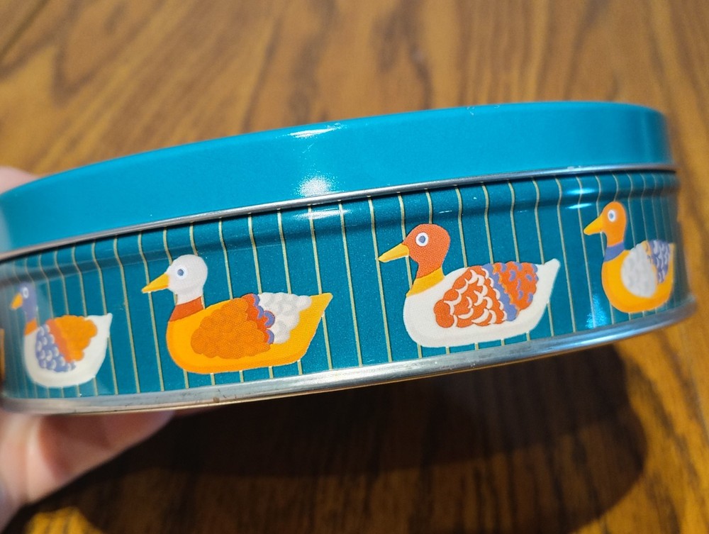 Empty Ducks Springwater Tin Canister Container Pond Scene Round