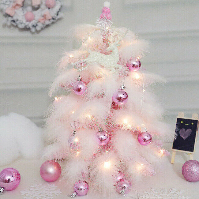 Mini Christmas Tree Tabletop Artificial Tree with Feather Leaf LED String Lights