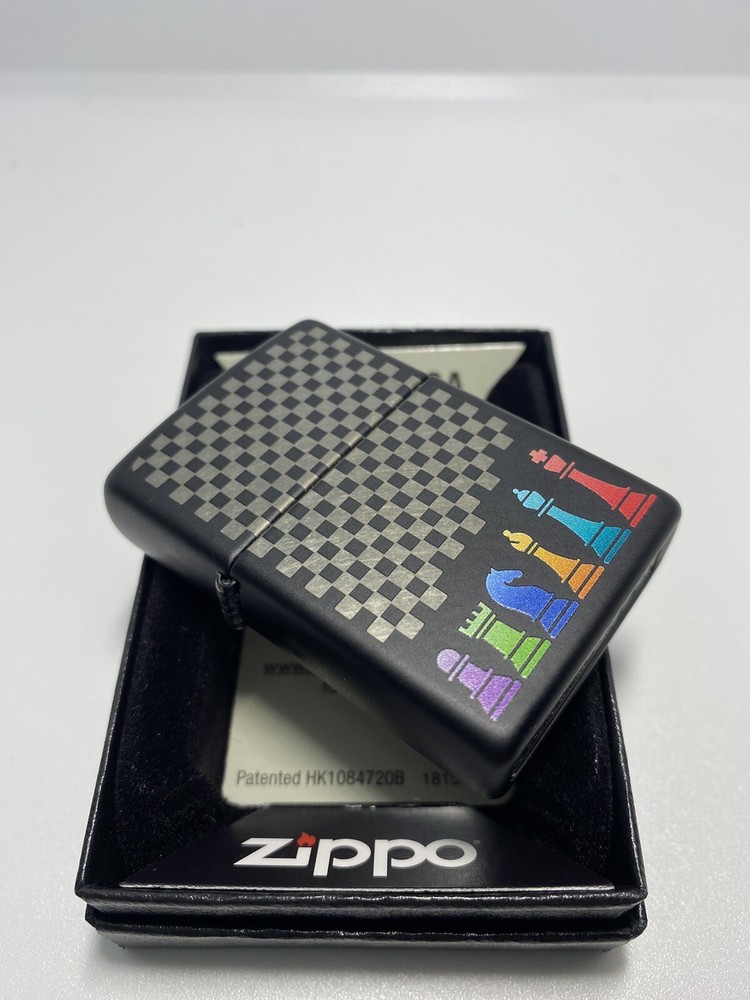 Zippo Etched Chess Set On A Black Matte Lighter