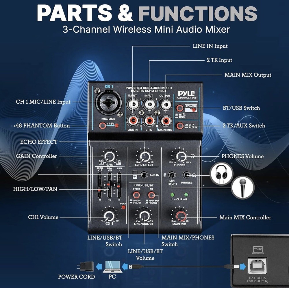 pyle compact bluetooth dj mixer interface