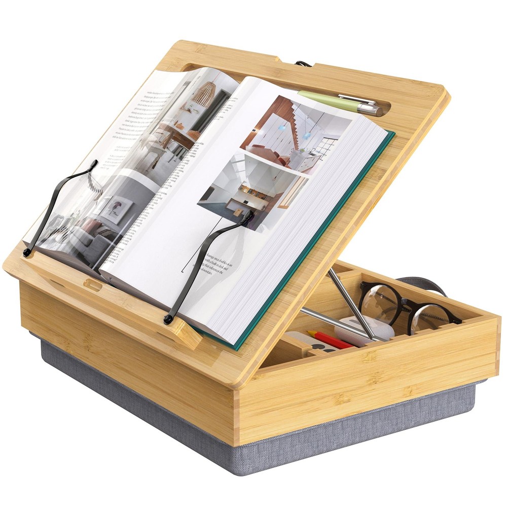 Book Stand for Reading with Storage, Adjustable Bamboo Book Holder with Soft ...