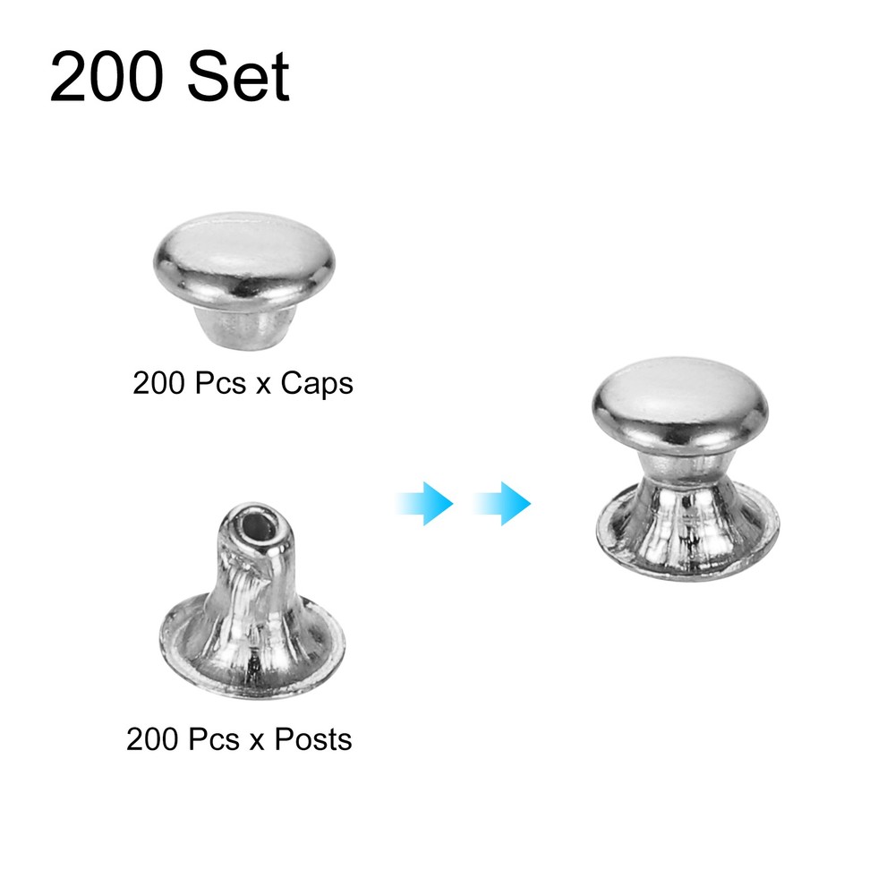 200 Set Single Cap Rivet 4mm Carbon Steel Round Head Snap Studs Silver