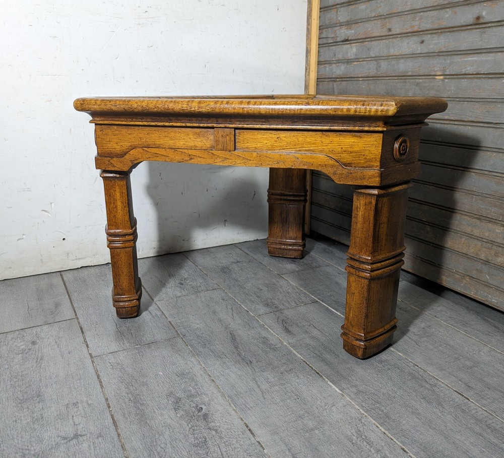 Vintage Rustic Carved Oak Wood Triangular Side Table Spanish Colonial Style